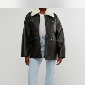Weworewhat Women's Black Leather Jacket with Shearling Collar